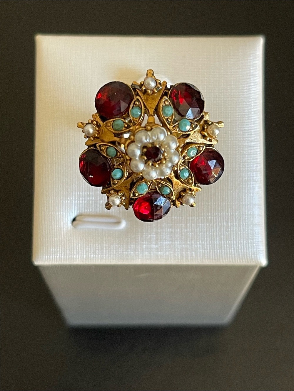 Vintage FLORENZA Gold Tone Red & Turquoise Floral Ring